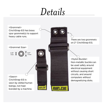 Rip-Tie One Inch Wide CinchStrap with End Grommet - Black 2 pack
