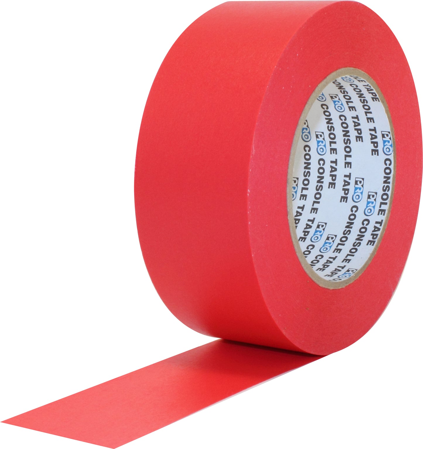 Red tape roll with a visible label on a white background