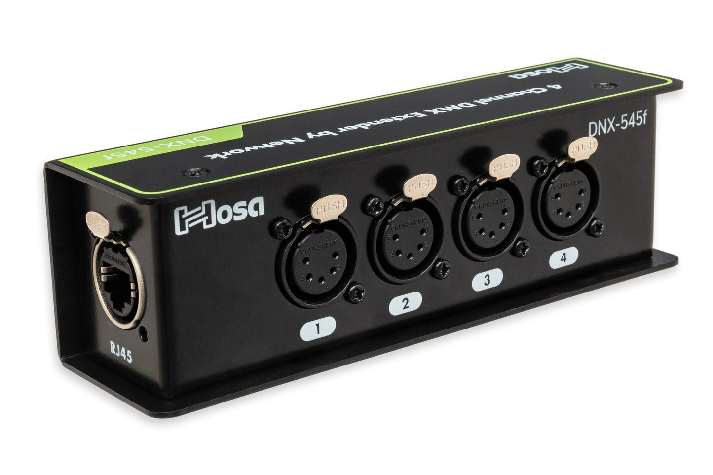 Hosa DNX-545f DMX Extender, black metal lighting device with four XLR DMX connectors and RJ45 jack