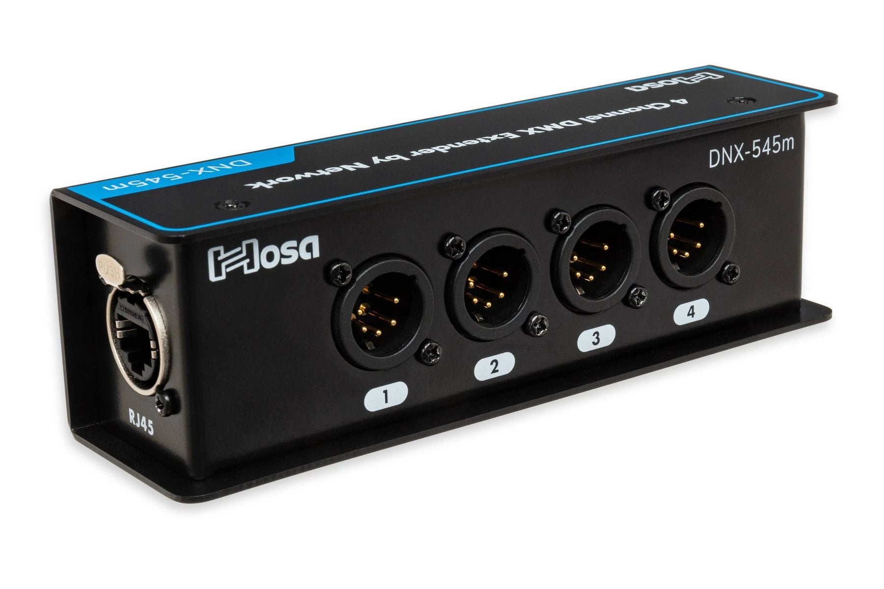 Hosa DNX-545 DMX Extender in black metal housing with four 5-pin DIN DMX ports