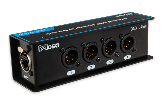 Hosa DNX-545 DMX Extender in black metal housing with four 5-pin DIN DMX ports