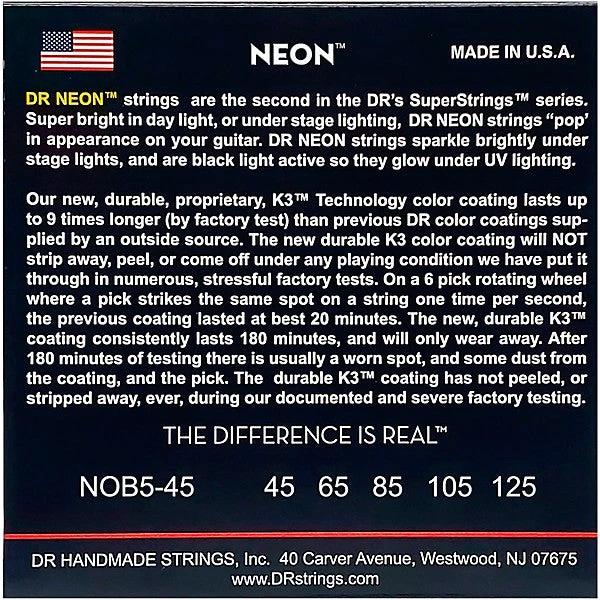 DR Strings NEON Hi-Def Orange 5-string bass strings in packaging, neon color-coated medium gauge