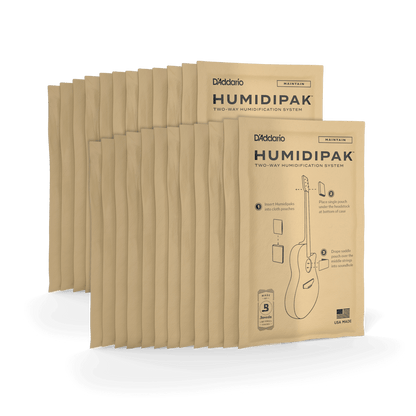 Multiple D'Addario Humidipak packaging on a white background