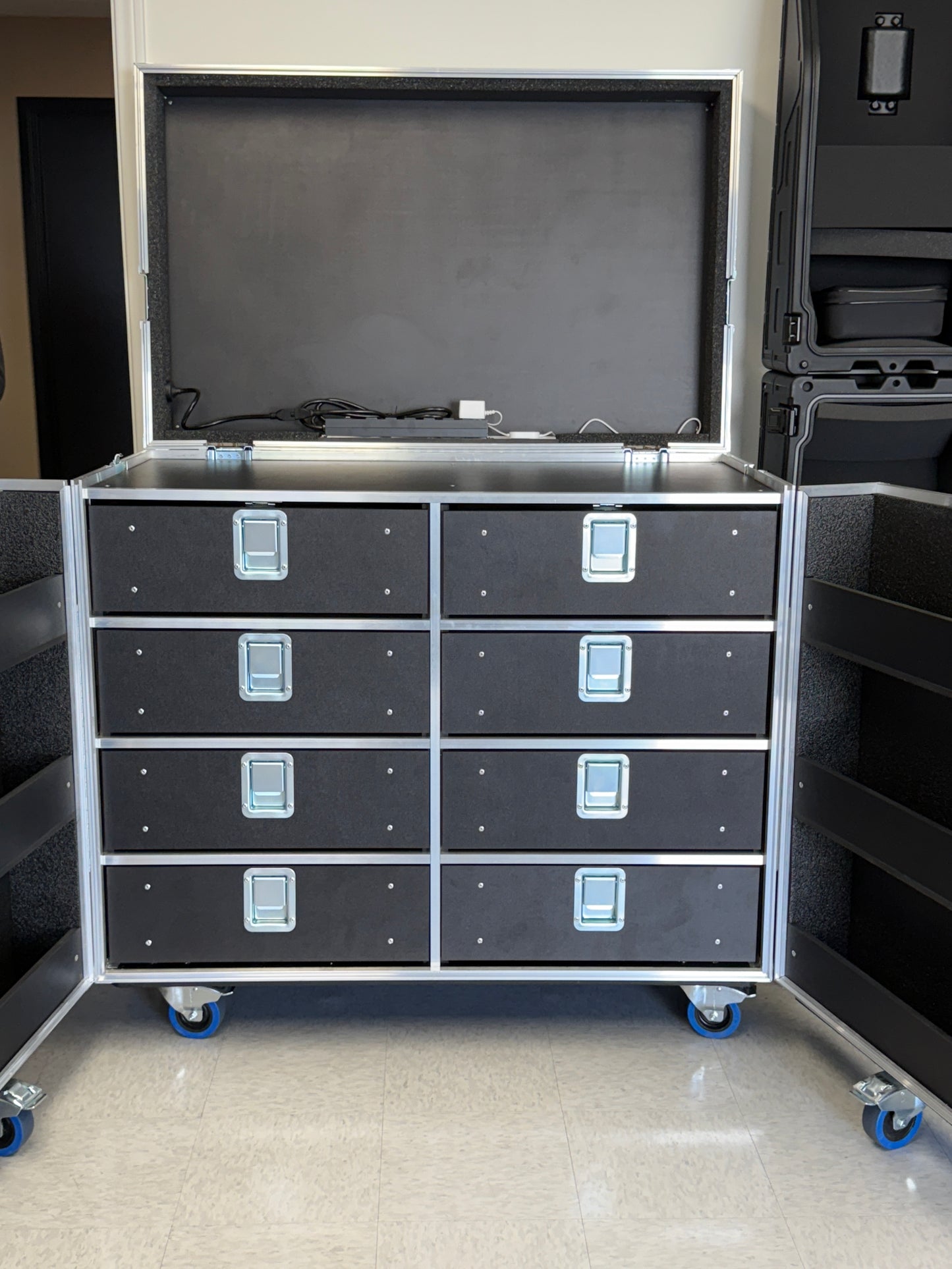 Roadcase workbox storage unit with drawers and a flip up top in the Tour Essentials Store