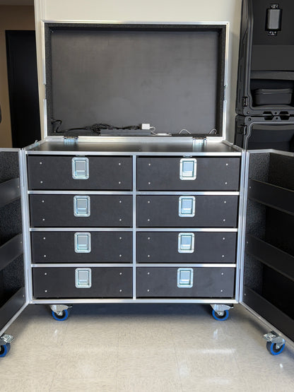 Roadcase workbox storage unit with drawers and a flip up top in the Tour Essentials Store