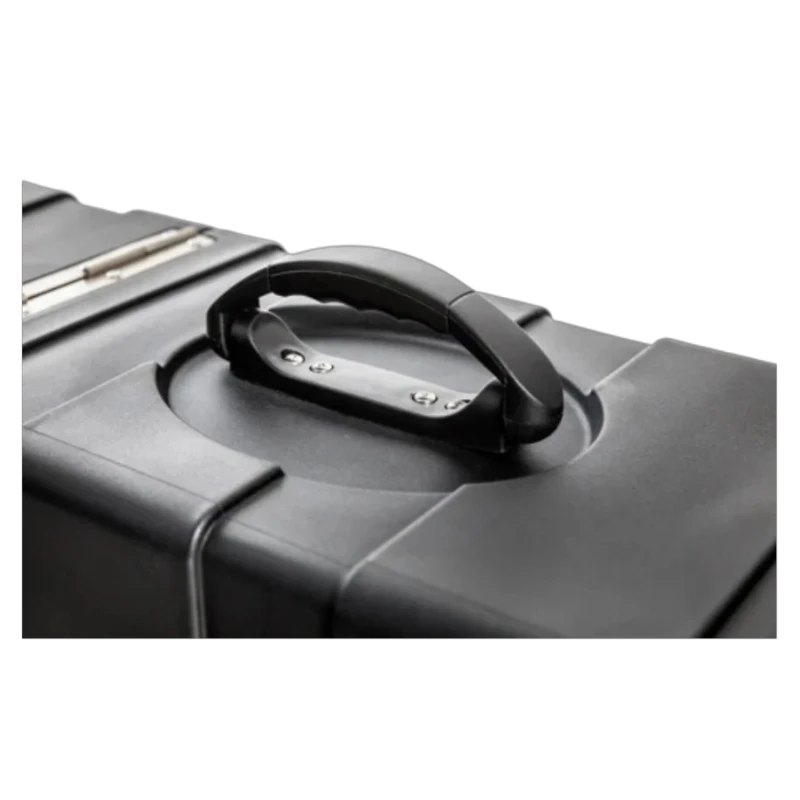 Close-up of a black handle for the Enki AMG Guitar Case on a white background