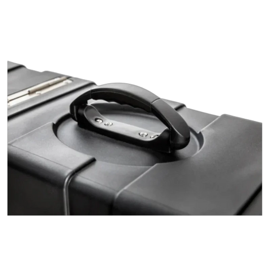 Close-up of a black handle for the Enki AMG Guitar Case on a white background