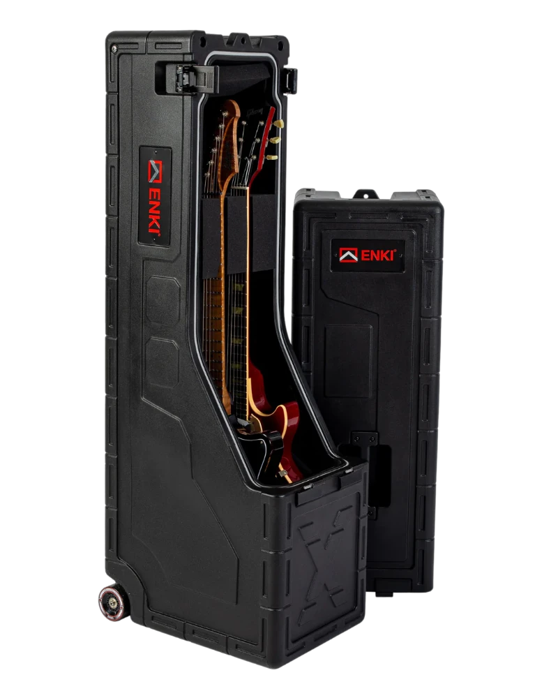 Black guitar case with open door revealing a guitar, ENKI branding visible.