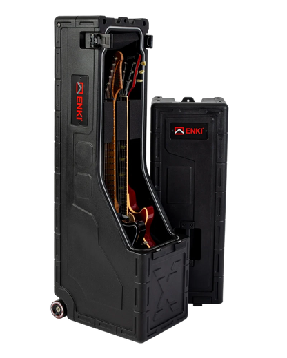 Black guitar case with open door revealing a guitar, ENKI branding visible.