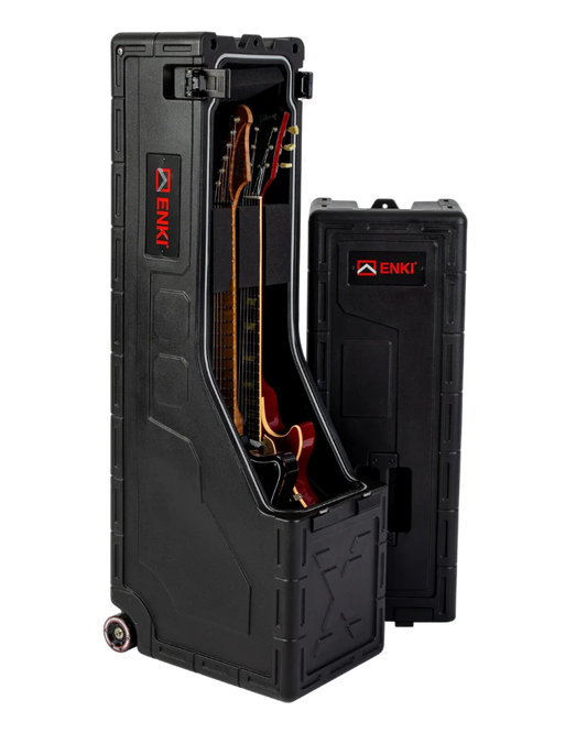 Black guitar case with open door revealing a guitar, ENKI branding visible.