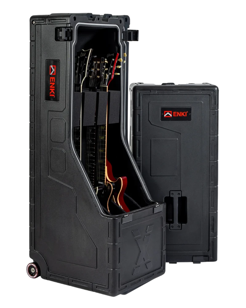 Black protective case with open lid showing electronic components, ENKI branding visible.