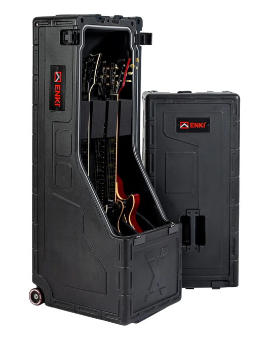 Black protective case with open lid showing electronic components, ENKI branding visible.