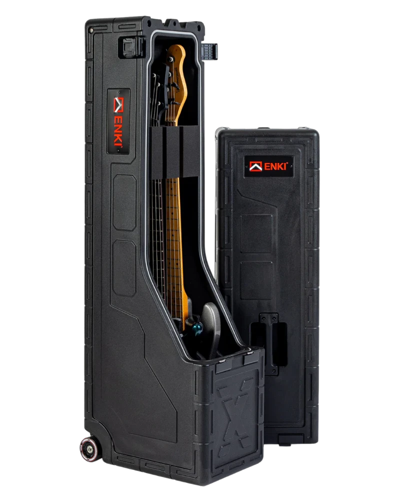 Black ENKI Guitar case with tools inside on a white background