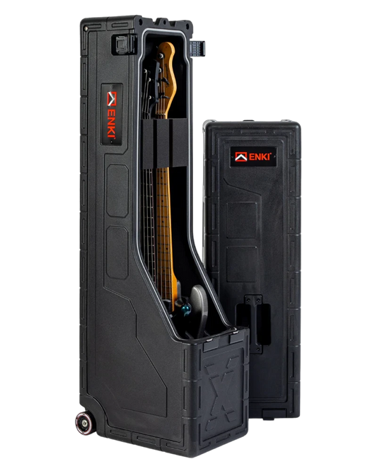 Black ENKI Guitar case with tools inside on a white background
