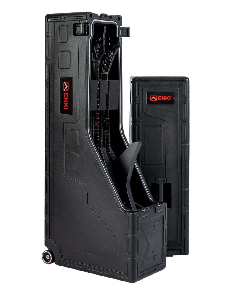 Black ENKI guitar case with a clear compartment on a white background