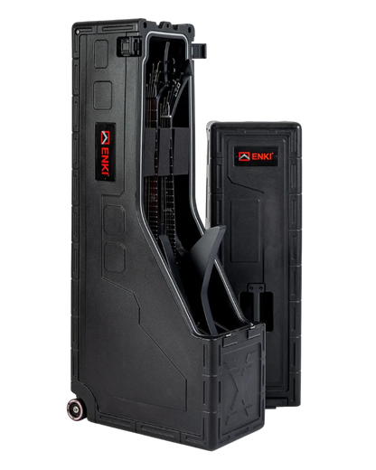 Black ENKI guitar case with a clear compartment on a white background