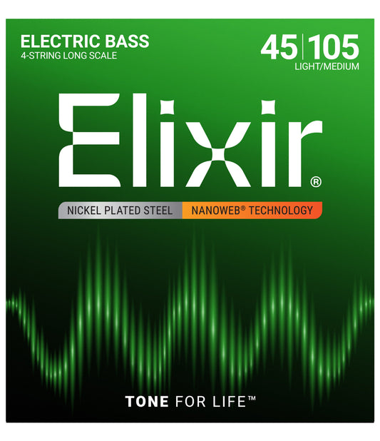Elixir 45-105 Light/Medium Long Scale, Nickel-Plated Steel with Nanoweb Coating Bass Strings
