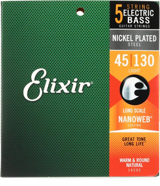 Elixir 45-130 Light, Nickel-Plated Steel with Nanoweb Coating Bass Strings (5-String)
