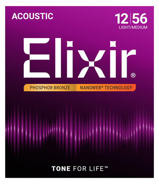 Elixir 12-56 Light/Medium, Phosphor Bronze with Nanoweb Coating Acoustic Guitar Strings