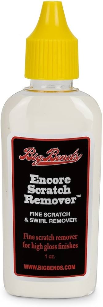 Big Bends Encore Scratch Remover bottle with yellow cap; fine scratch & swirl remover for guitars