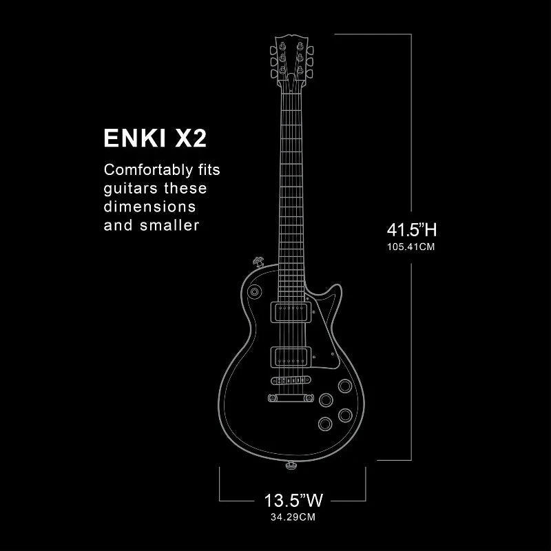 Diagram of an ENKI X2 guitar case with dimensions on a black background