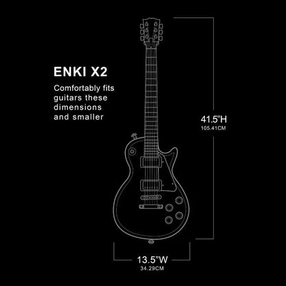 Diagram of an ENKI X2 guitar case with dimensions on a black background