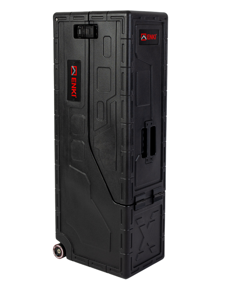 Black storage container with ENKI branding on a white background