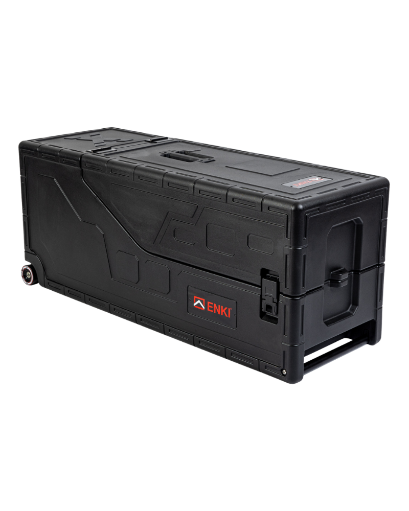 Black storage box with ENKI branding on a white background
