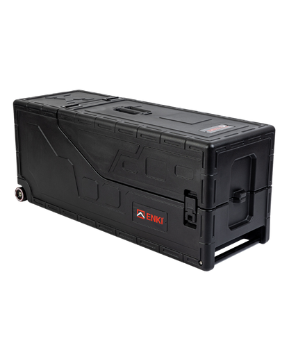Black storage box with ENKI branding on a white background