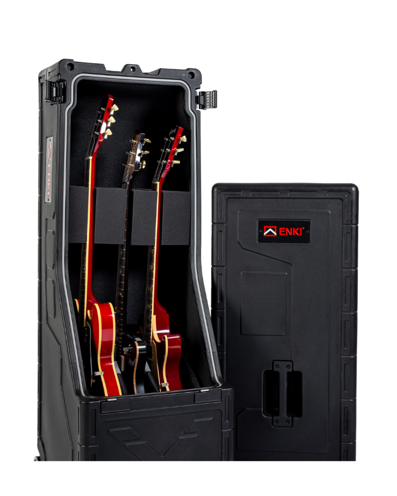 Black guitar case with three electric guitars inside, featuring the ENKI brand.
