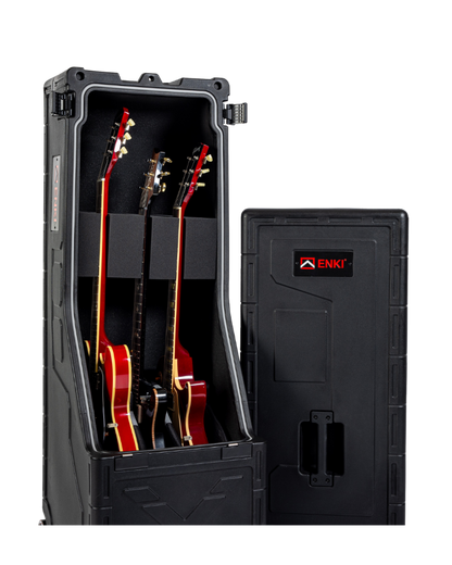Black guitar case with three electric guitars inside, featuring the ENKI brand.