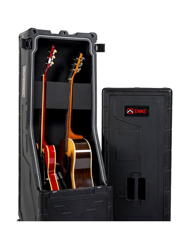 Black guitar case with two guitars inside, ENKI brand visible