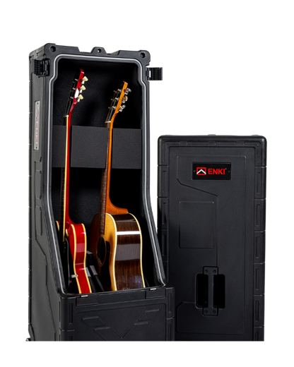 Black guitar case with two guitars inside, ENKI brand visible