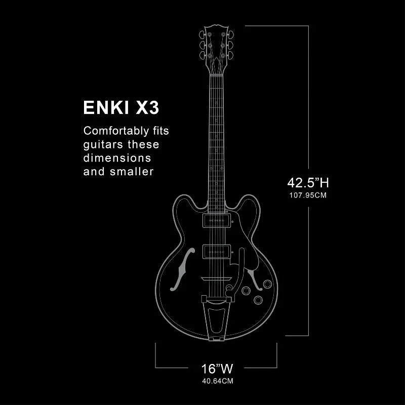 Diagram of an ENKI X3 guitar case with dimensions on a black background