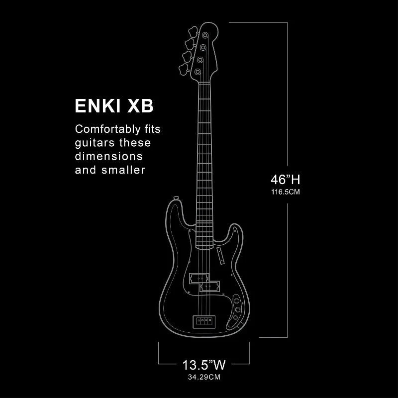 Diagram of an ENKI XB guitar case with dimensions on a black background