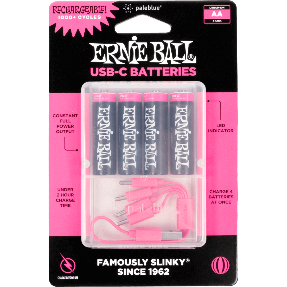 Ernie Ball USB-C rechargeable AA batteries 4-pack by Paleblue in pink packaging
