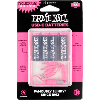 Ernie Ball USB-C rechargeable AA batteries 4-pack by Paleblue in pink packaging
