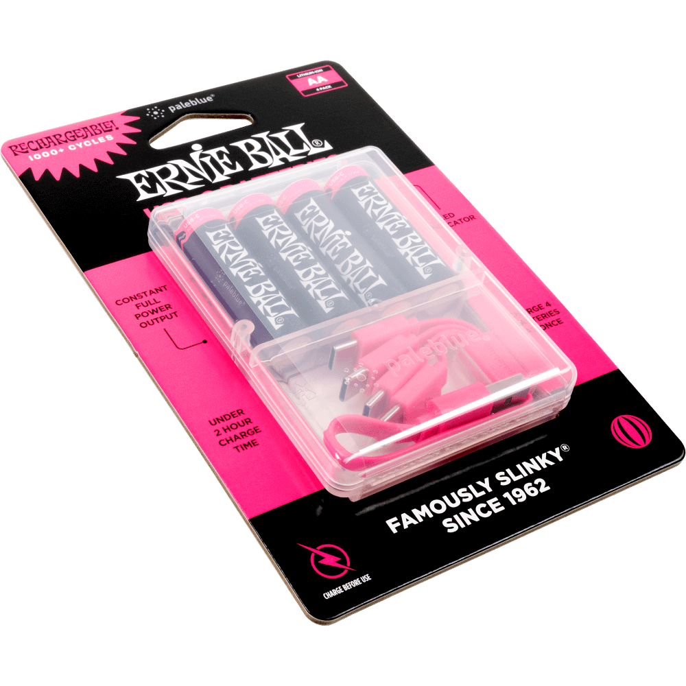 Ernie Ball USB-C rechargeable AA batteries 4-pack by Paleblue in pink/black packaging