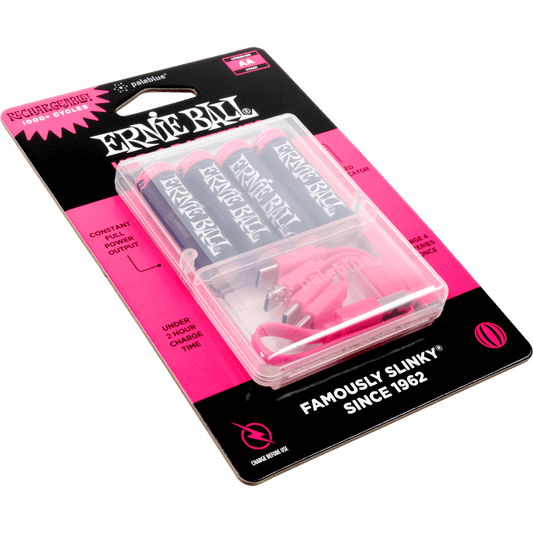 Ernie Ball USB-C rechargeable AA batteries 4-pack by Paleblue in pink/black packaging