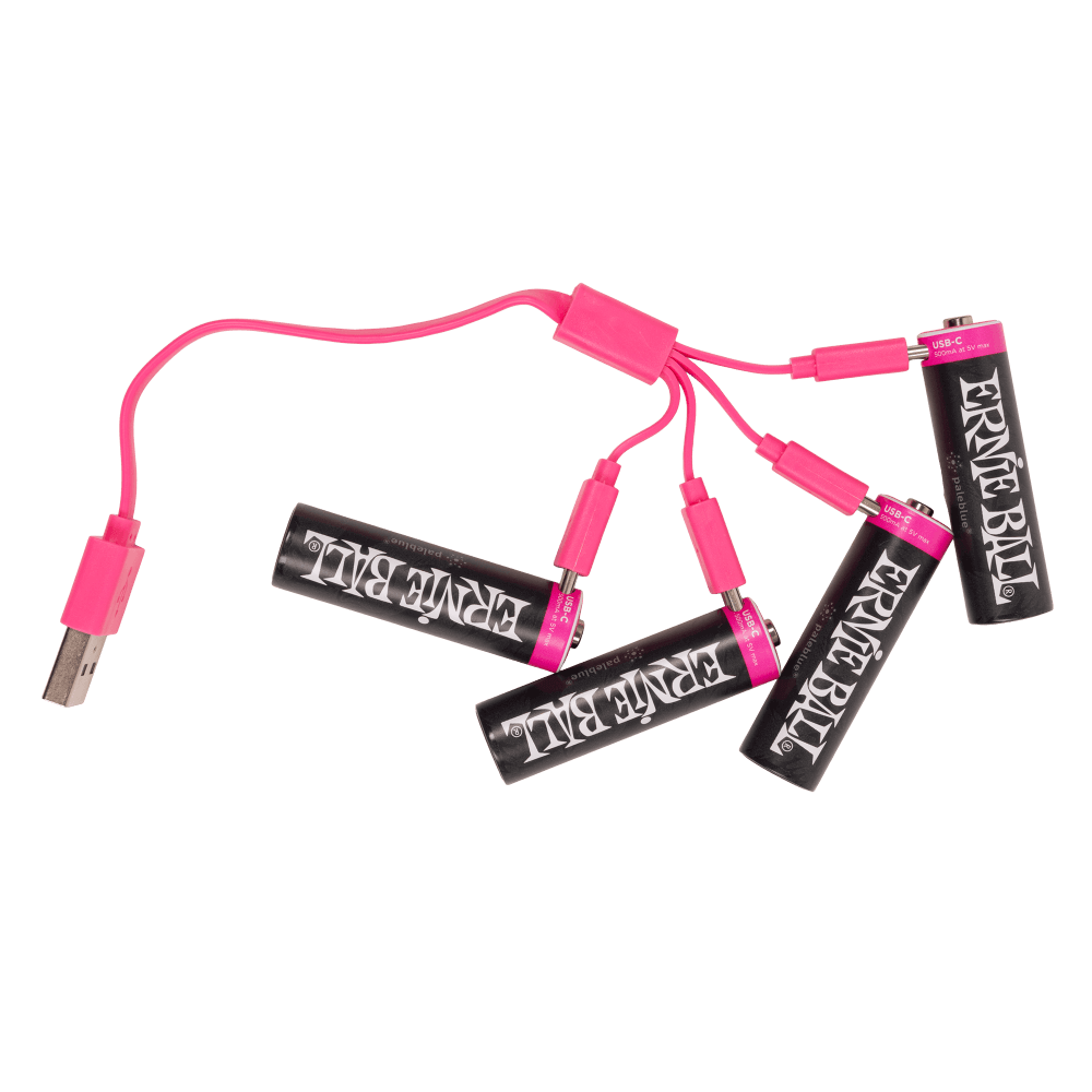 Ernie Ball USB-C rechargeable AA batteries 4-pack with pink charging cable