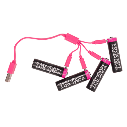 Ernie Ball USB-C rechargeable AA batteries 4-pack with pink charging cable