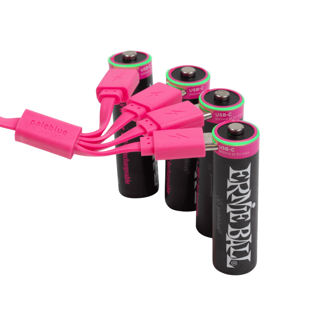 Ernie Ball Paleblue USB-C rechargeable AA batteries, 4-pack with pink charging cables