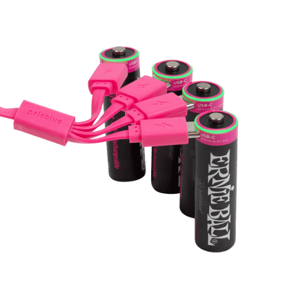 Ernie Ball Paleblue USB-C rechargeable AA batteries, 4-pack with pink charging cables
