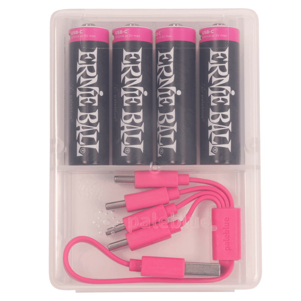 Ernie Ball USB-C rechargeable AA batteries 4-pack with pink Paleblue charging cable