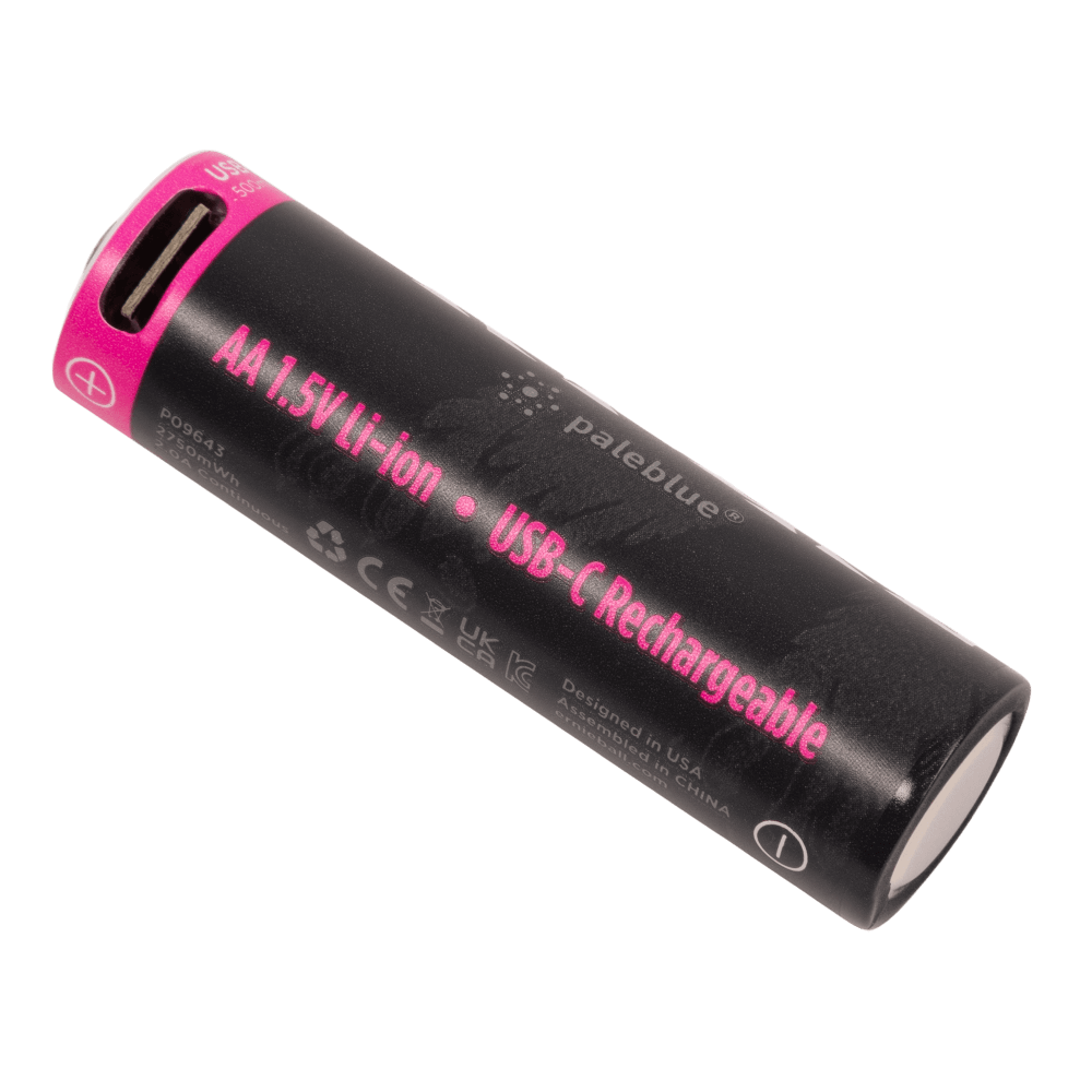 Ernie Ball USB-C rechargeable AA battery by Paleblue; black cylindrical battery with pink branding