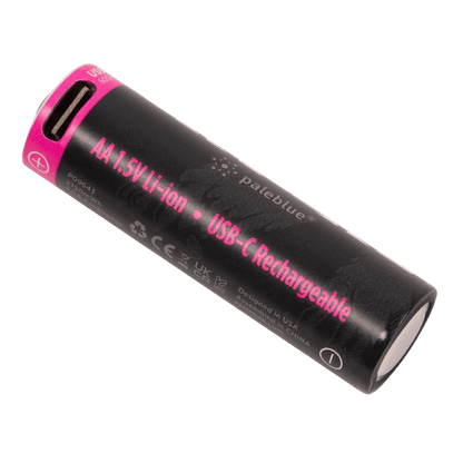 Ernie Ball USB-C rechargeable AA battery by Paleblue; black cylindrical battery with pink branding