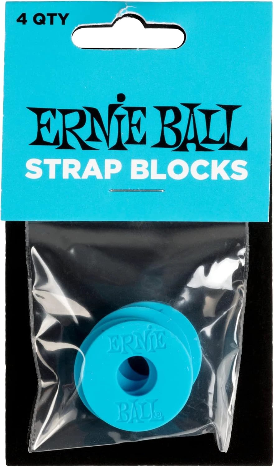 Ernie Ball Strap Blocks blue 4-pack for securing guitar straps.