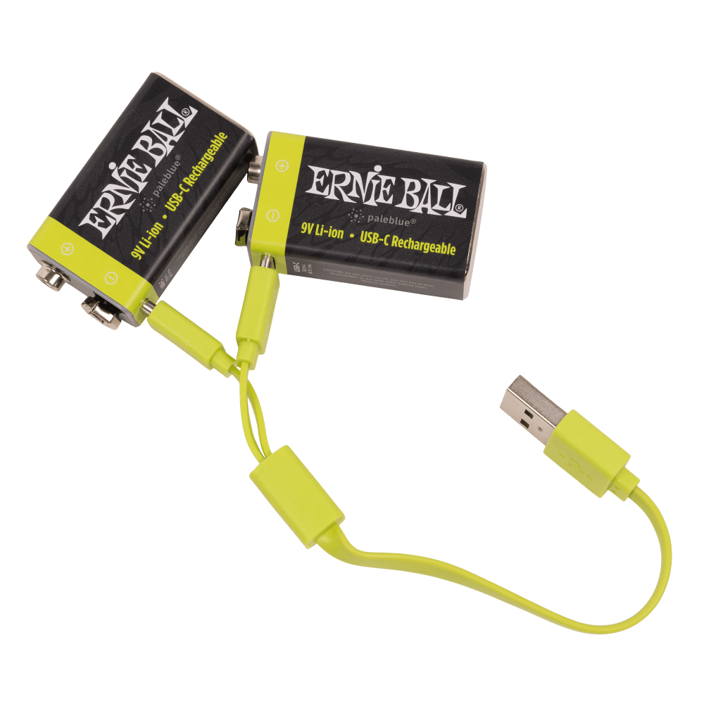 Ernie Ball USB-C rechargeable 9V batteries, 2-pack, neon yellow with USB-C charging cable.