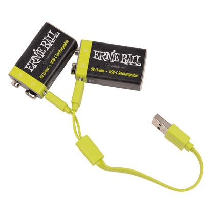 Ernie Ball USB-C rechargeable 9V batteries, 2-pack, neon yellow with USB-C charging cable.