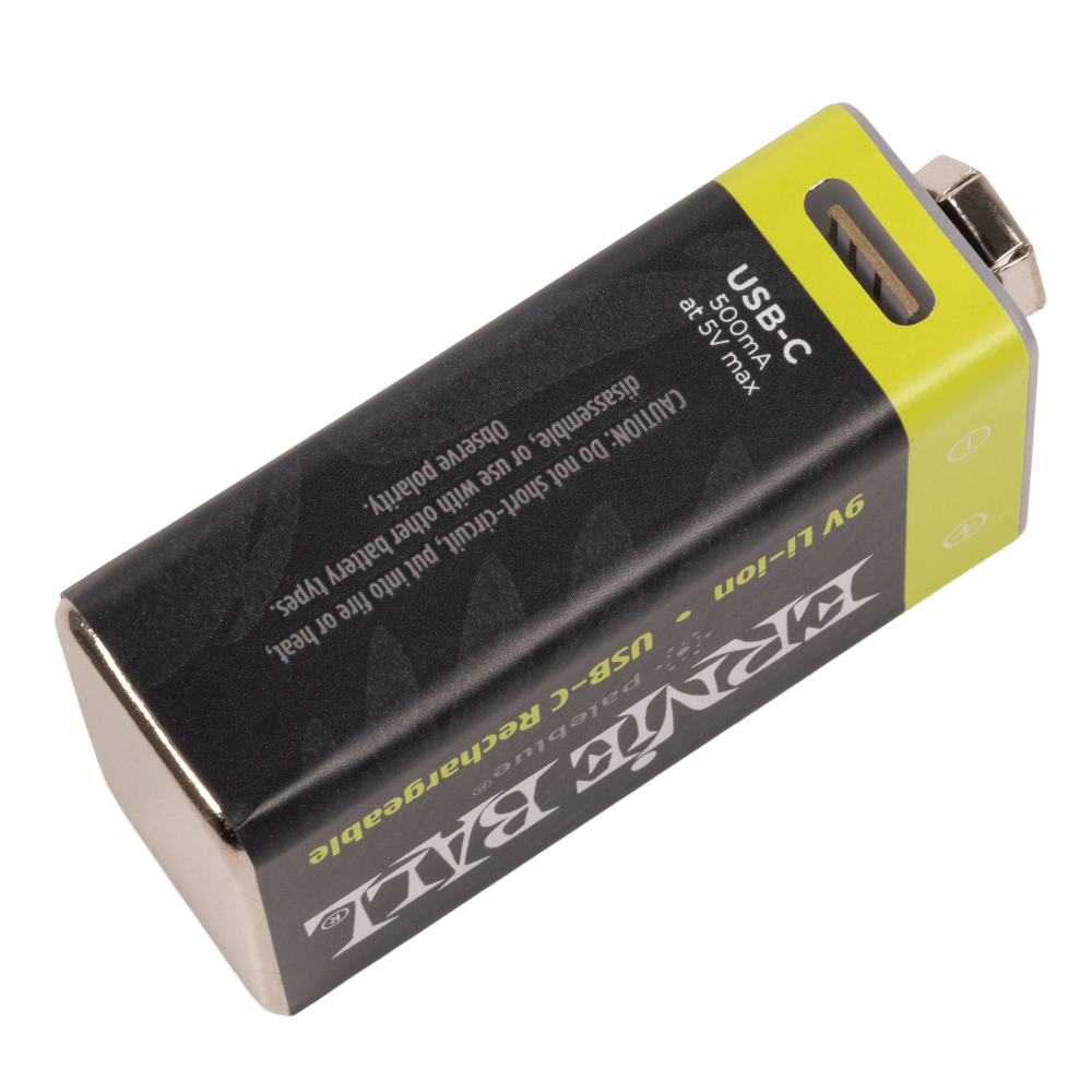 Ernie Ball USB-C rechargeable 9V battery, black body with lime-green end
